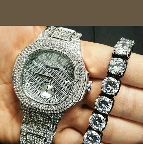 14K ICED OUT DIAMOND SIMULATED WATCH BRACELET - Picture 1 of 2